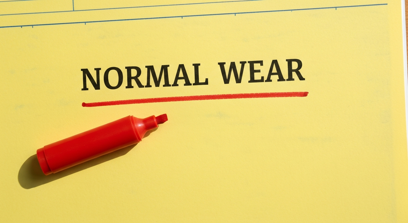 A red highlighter resting beside the words NORMAL WEAR on a yellow legal pad