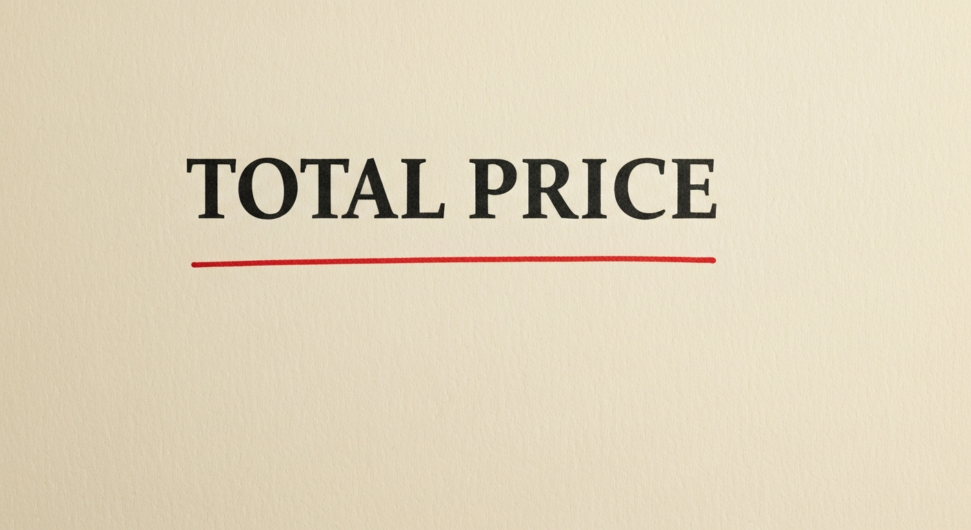 A red ink underline beneath the words TOTAL PRICE on bone-cream paper