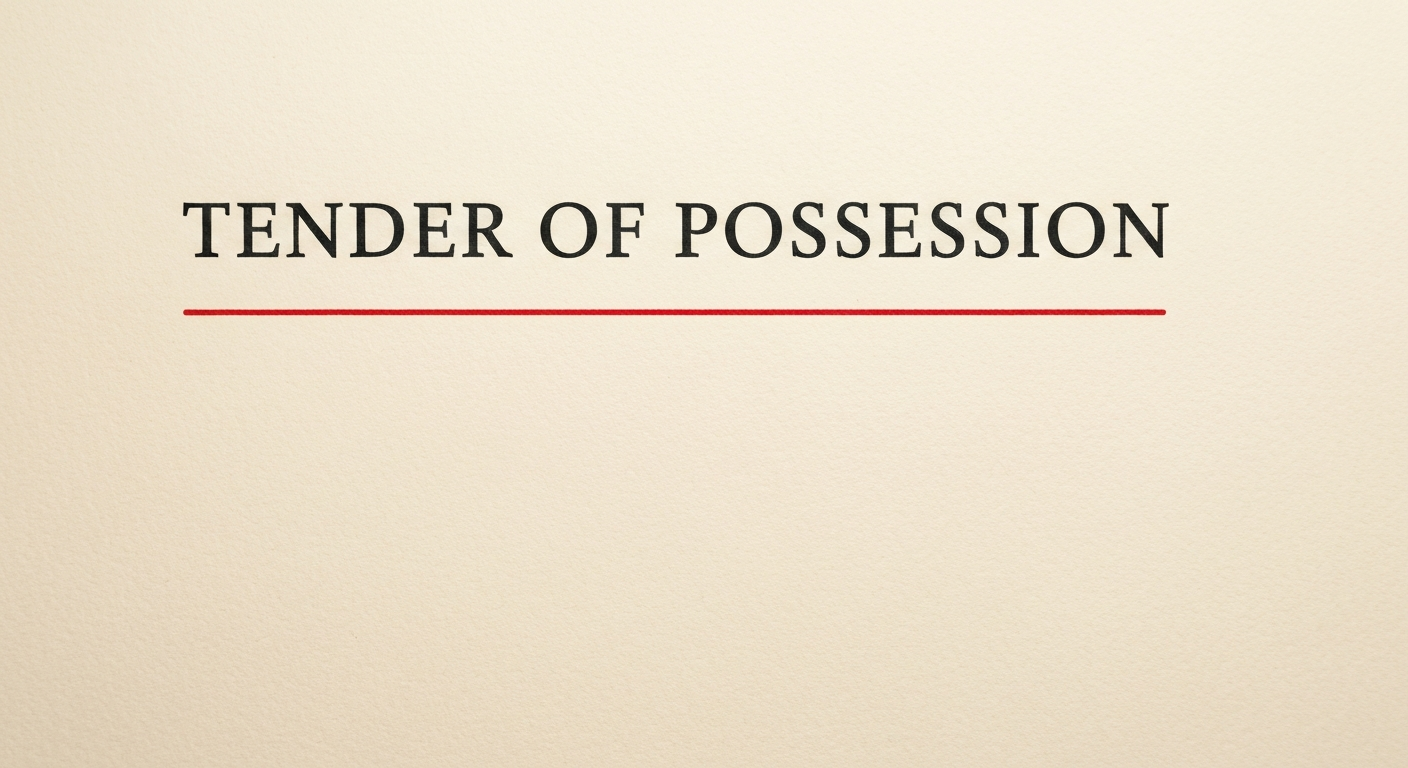 A typographic poster reading TENDER OF POSSESSION on bone-cream paper with a red ink underline