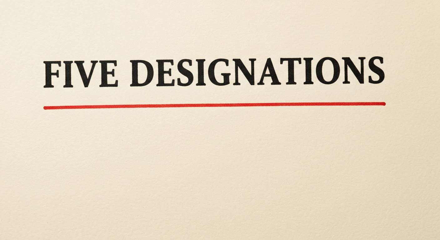 A typographic poster reading FIVE DESIGNATIONS on bone-cream paper with a red ink underline