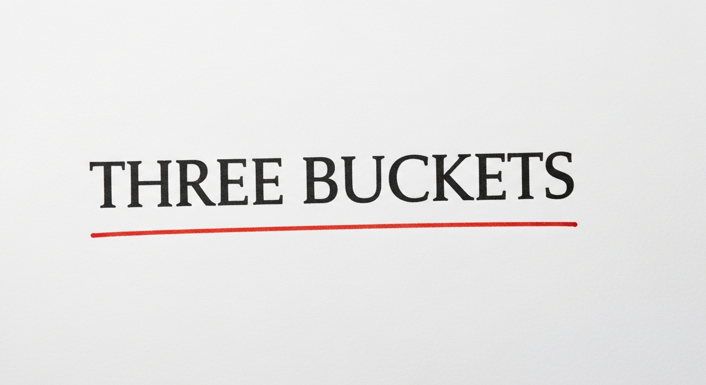 A typographic poster reading THREE BUCKETS on white paper with a red ink underline