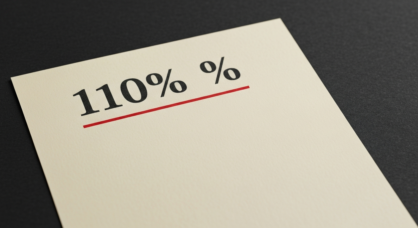 A bone-cream sheet showing the figure 110 PERCENT with a red ink underline