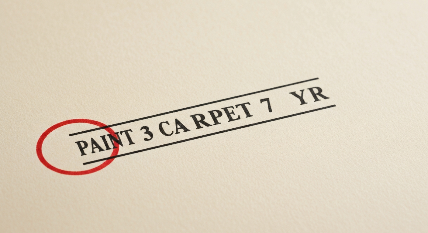 A typewritten chart of useful-life years for paint and carpet, with a red circle around the carpet figure