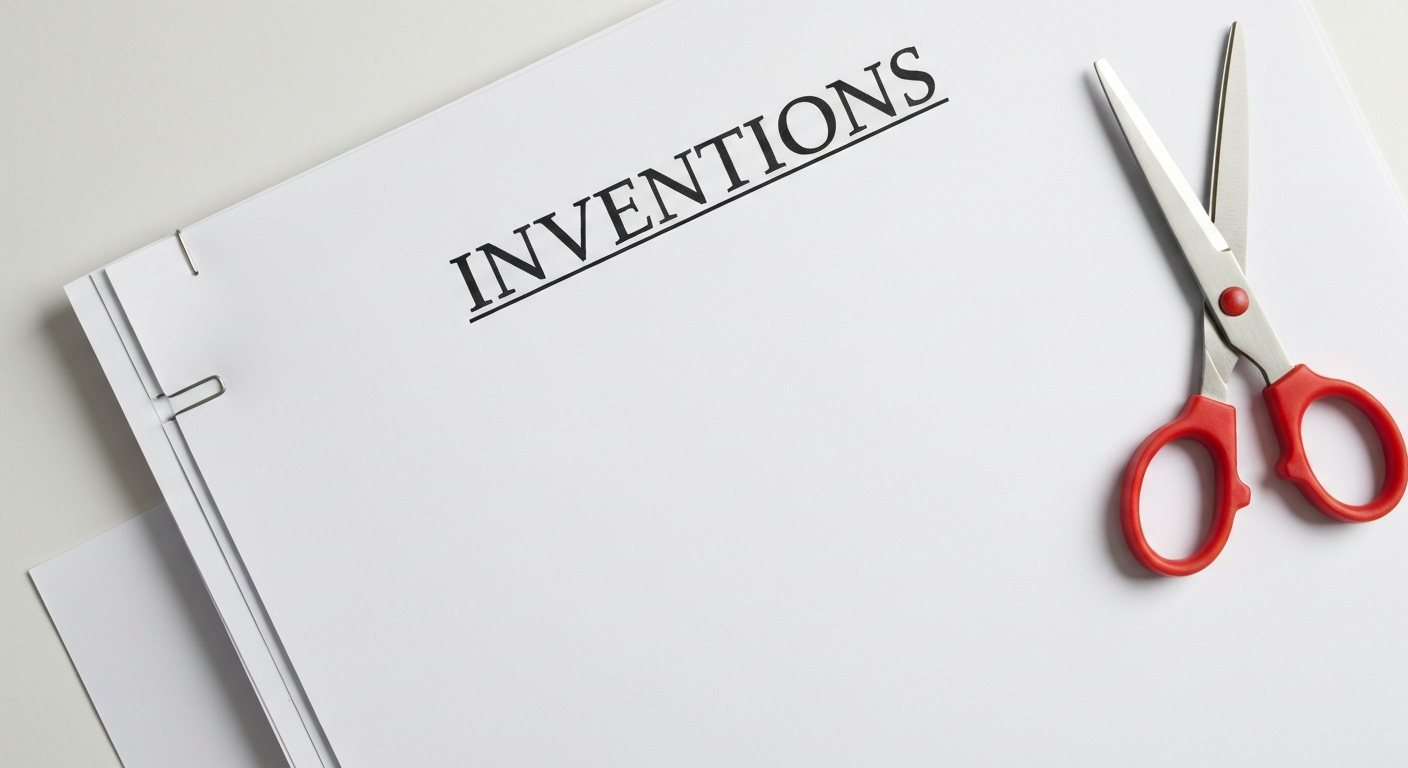 A pair of scissors angled across the heading INVENTIONS on white printer paper