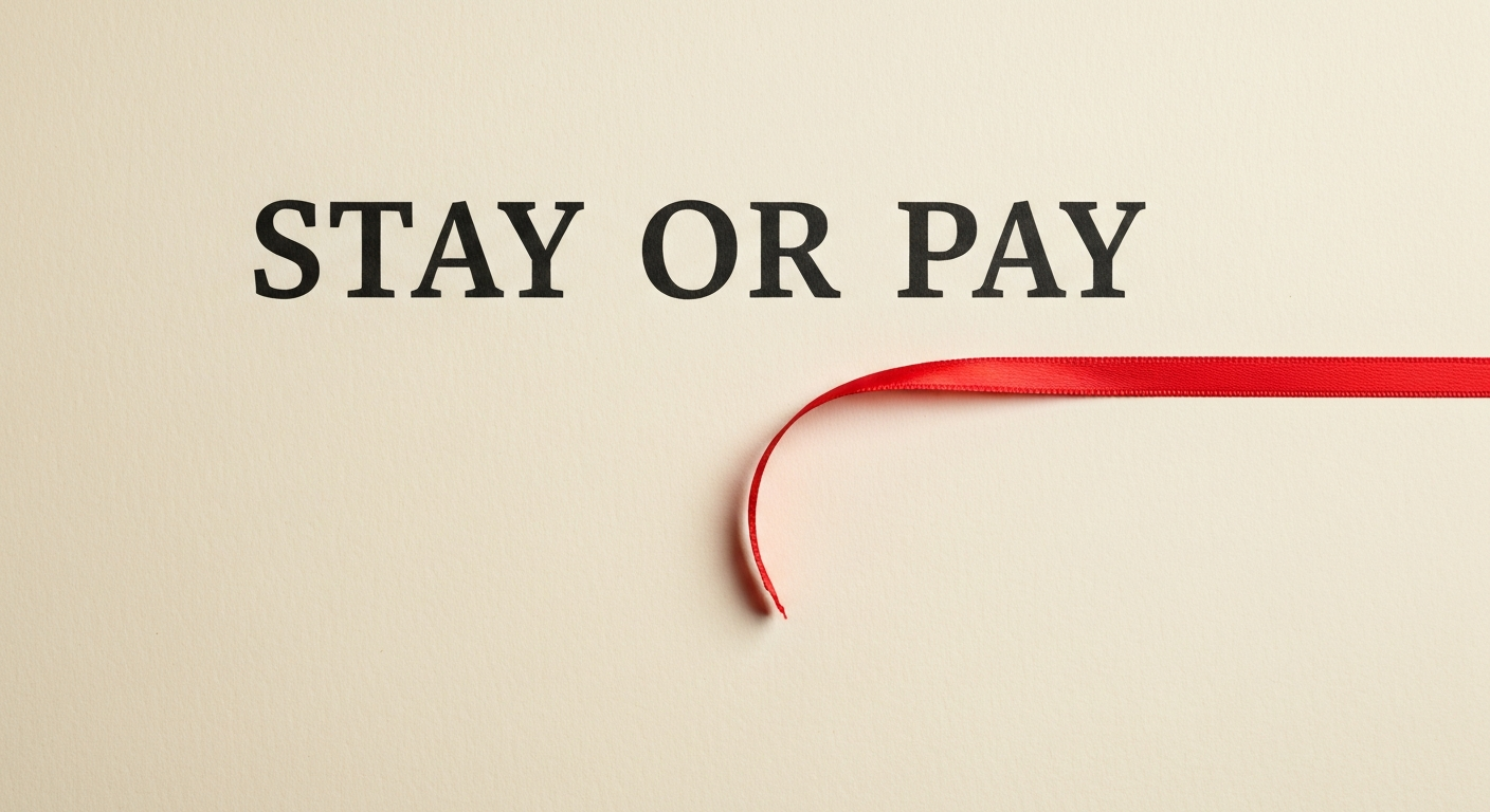 A red satin ribbon laid across the words STAY OR PAY on bone-cream paper