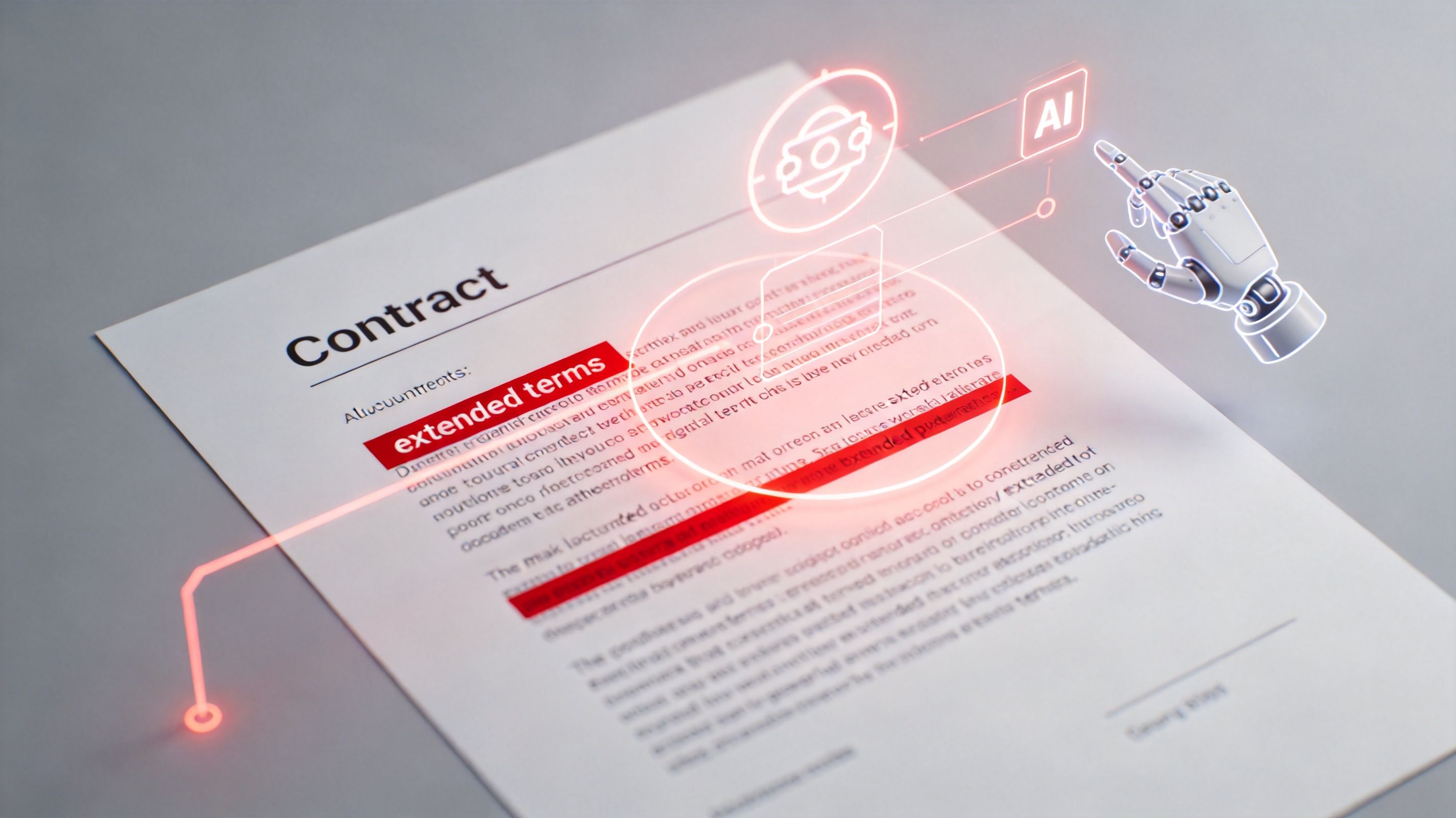 A robotic hand digitally scanning and highlighting extended terms on a business contract with AI technology.