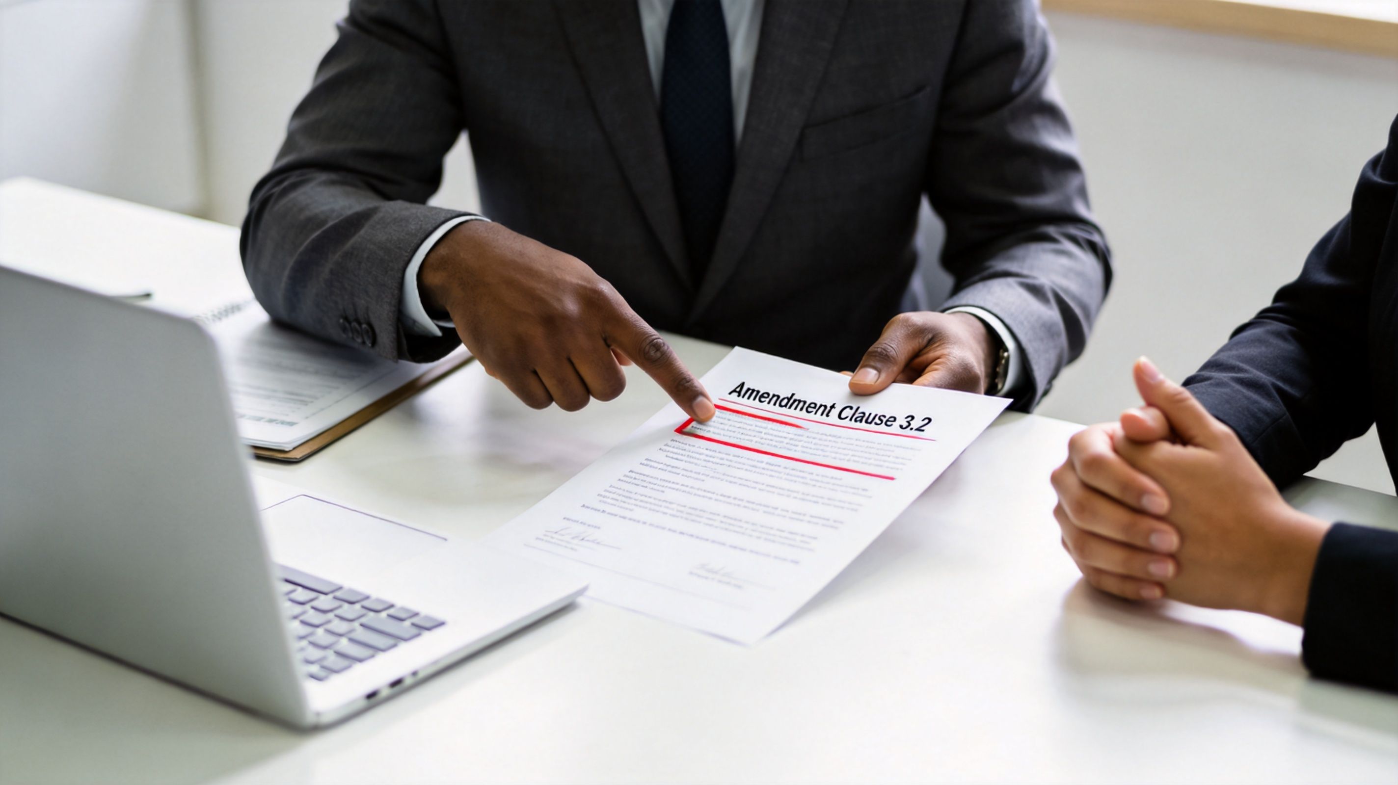 A professional in a suit pointing to Amendment Clause 3.2 on a legal contract document.