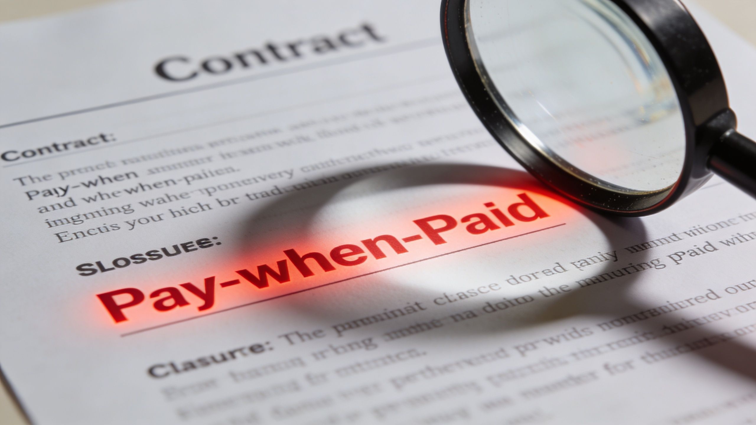 A magnifying glass positioned over the words Pay-when-Paid on a legal contract document.