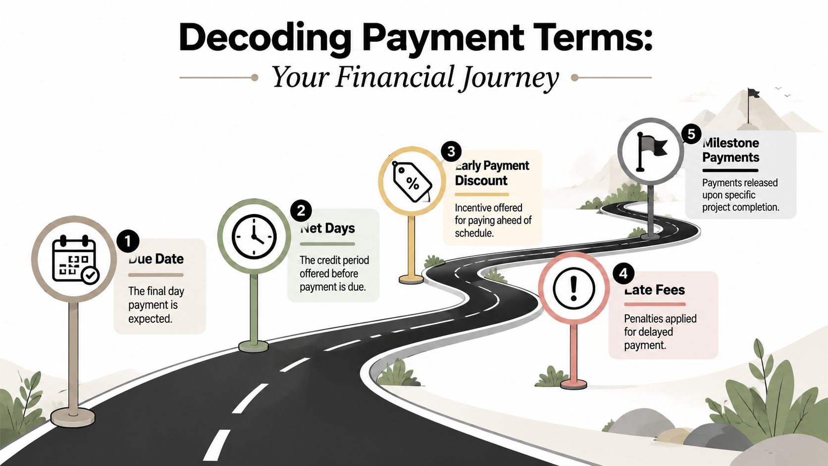 An illustrated road map graphic explaining five key financial payment terms for business contracts and project management.
