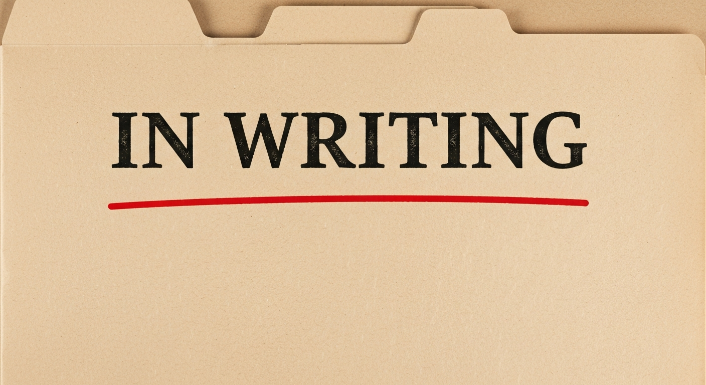 A typographic poster reading IN WRITING in serif type on a manila folder with a red ink underline