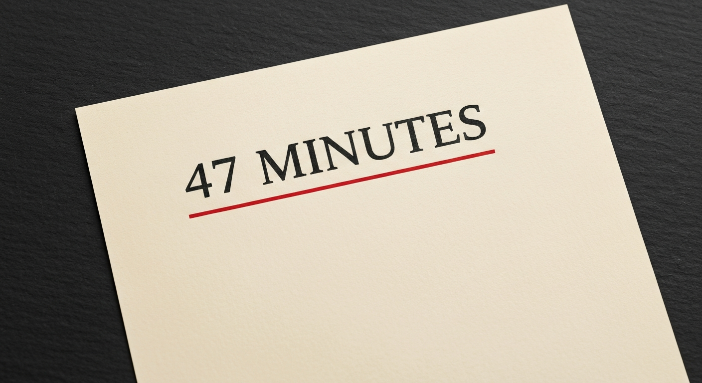 A bone-cream sheet showing the figure 47 MINUTES with a red ink underline