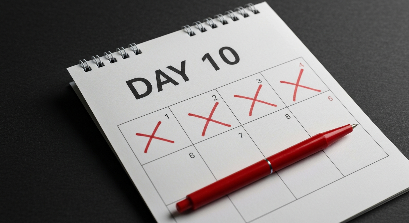 A wall calendar with DAY 10 in red ink, the days before it crossed off